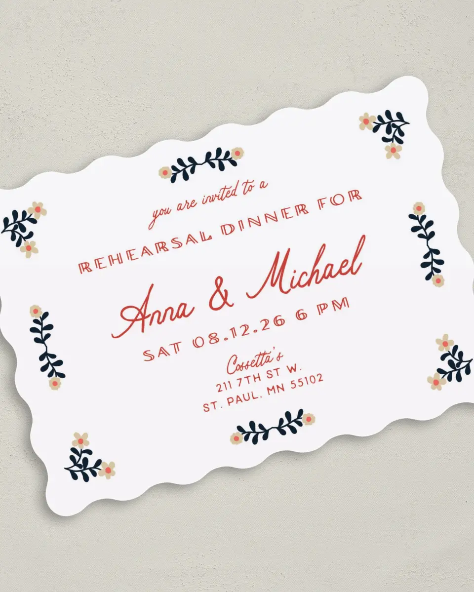 This is a 5" x 7" Rehearsal Dinner Invitation called A Sure Thing printed in full color on Premium Smooth paper