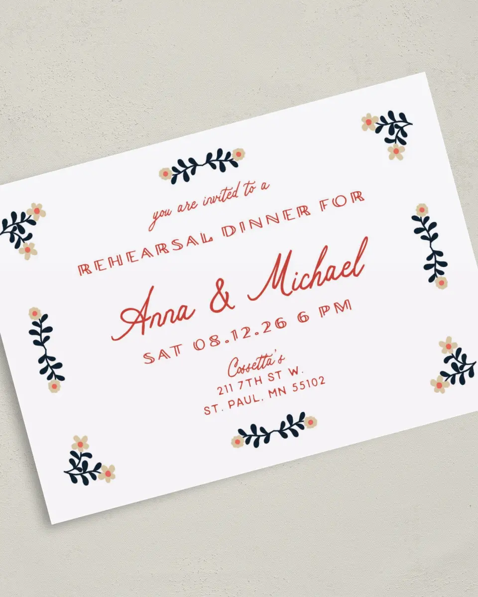 This is a 5" x 7" Rehearsal Dinner Invitation called A Sure Thing printed in full color on Premium Smooth paper
