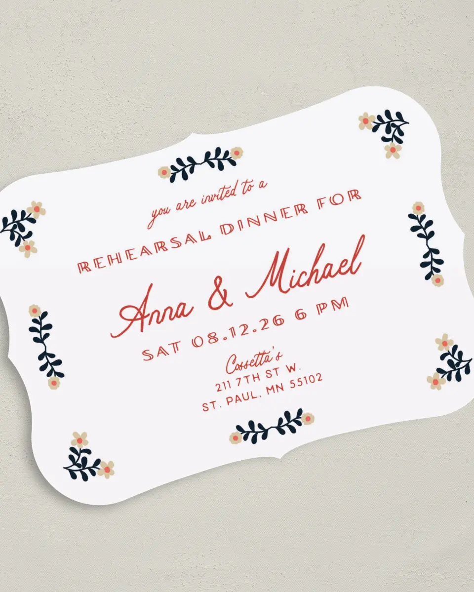 This is a 5" x 7" Rehearsal Dinner Invitation called A Sure Thing printed in full color with Silver foil on Luxe Satin (coated) paper