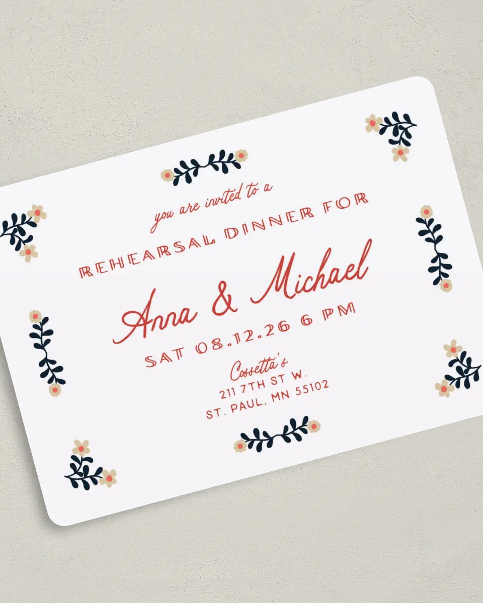 This is a 5" x 7" Rehearsal Dinner Invitation called A Sure Thing printed in full color on Premium Smooth paper