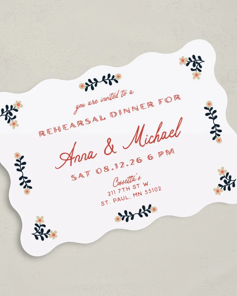 This is a 5" x 7" Rehearsal Dinner Invitation called A Sure Thing printed in full color on Premium Smooth paper
