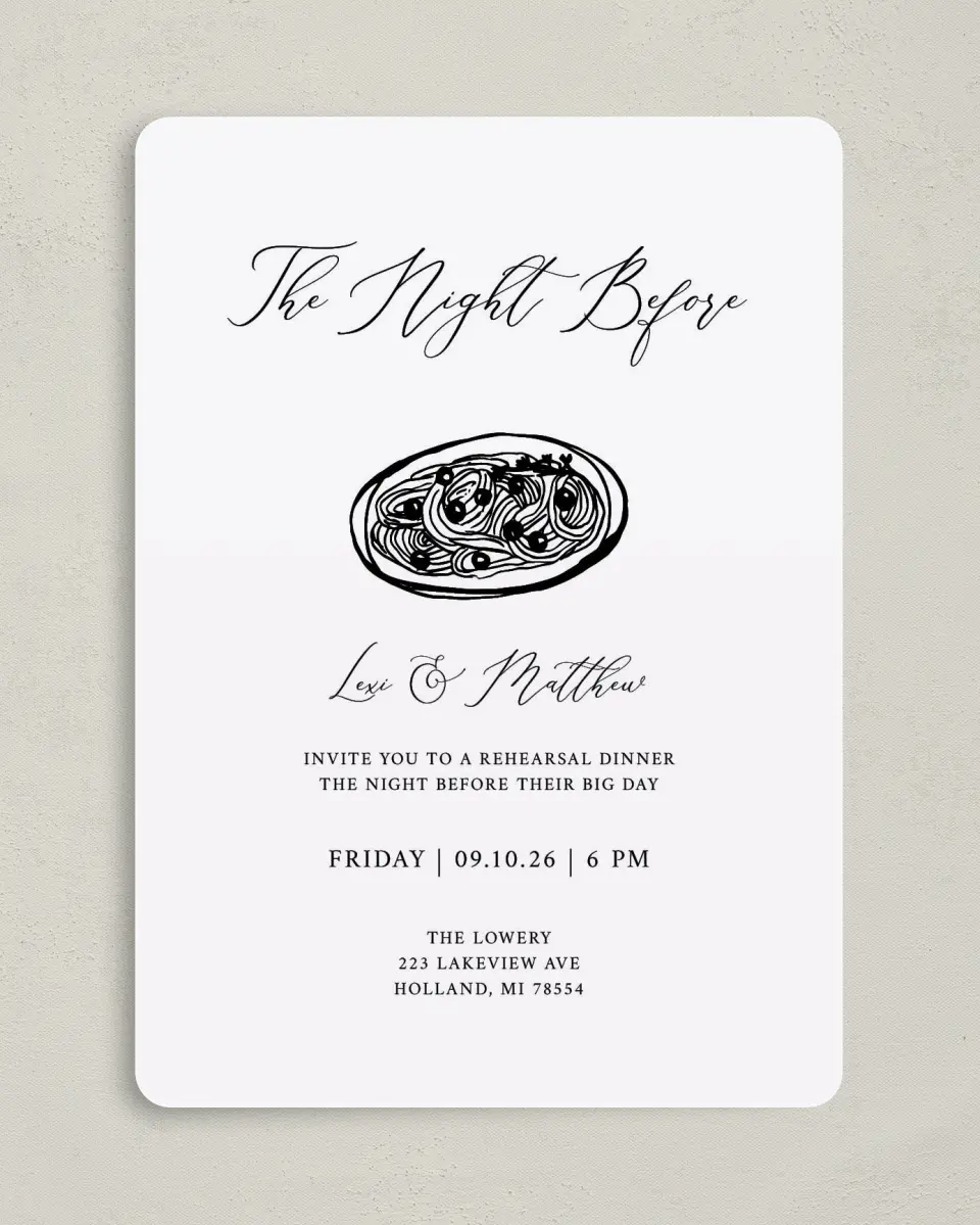 This is a 5" x 7" Rehearsal Dinner Invitation called Perfect Catch printed in full color on Premium Smooth paper