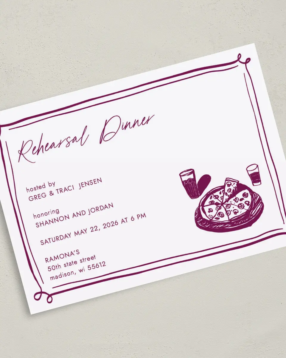 This is a 5" x 7" Rehearsal Dinner Invitation called That's Amore printed in full color on Premium Smooth paper