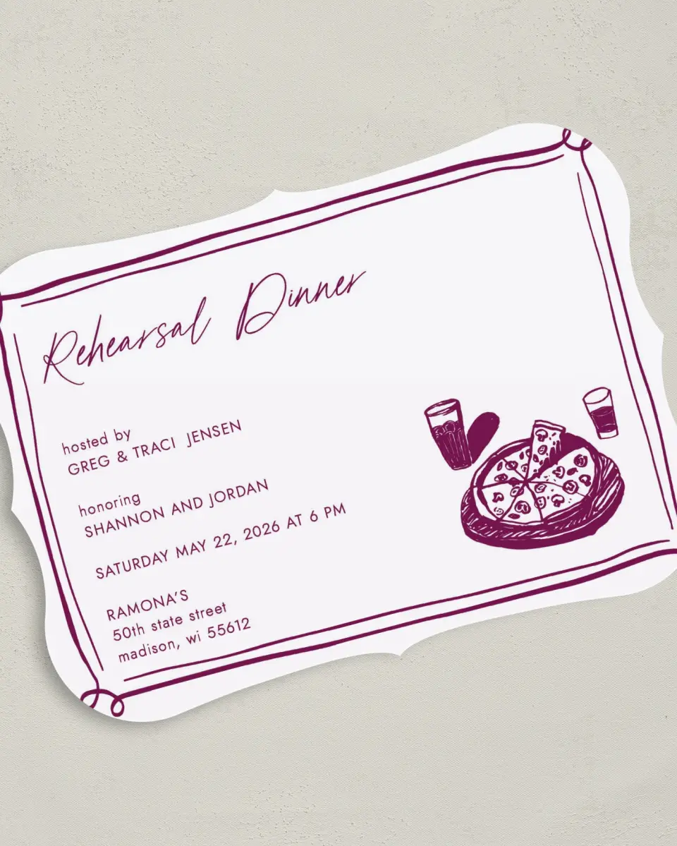 This is a 5" x 7" Rehearsal Dinner Invitation called That's Amore printed in full color on Premium Smooth paper