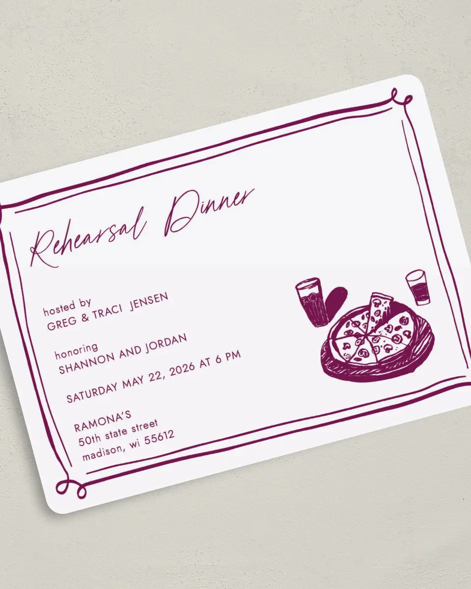This is a 5" x 7" Rehearsal Dinner Invitation called That's Amore printed in full color on Premium Smooth paper