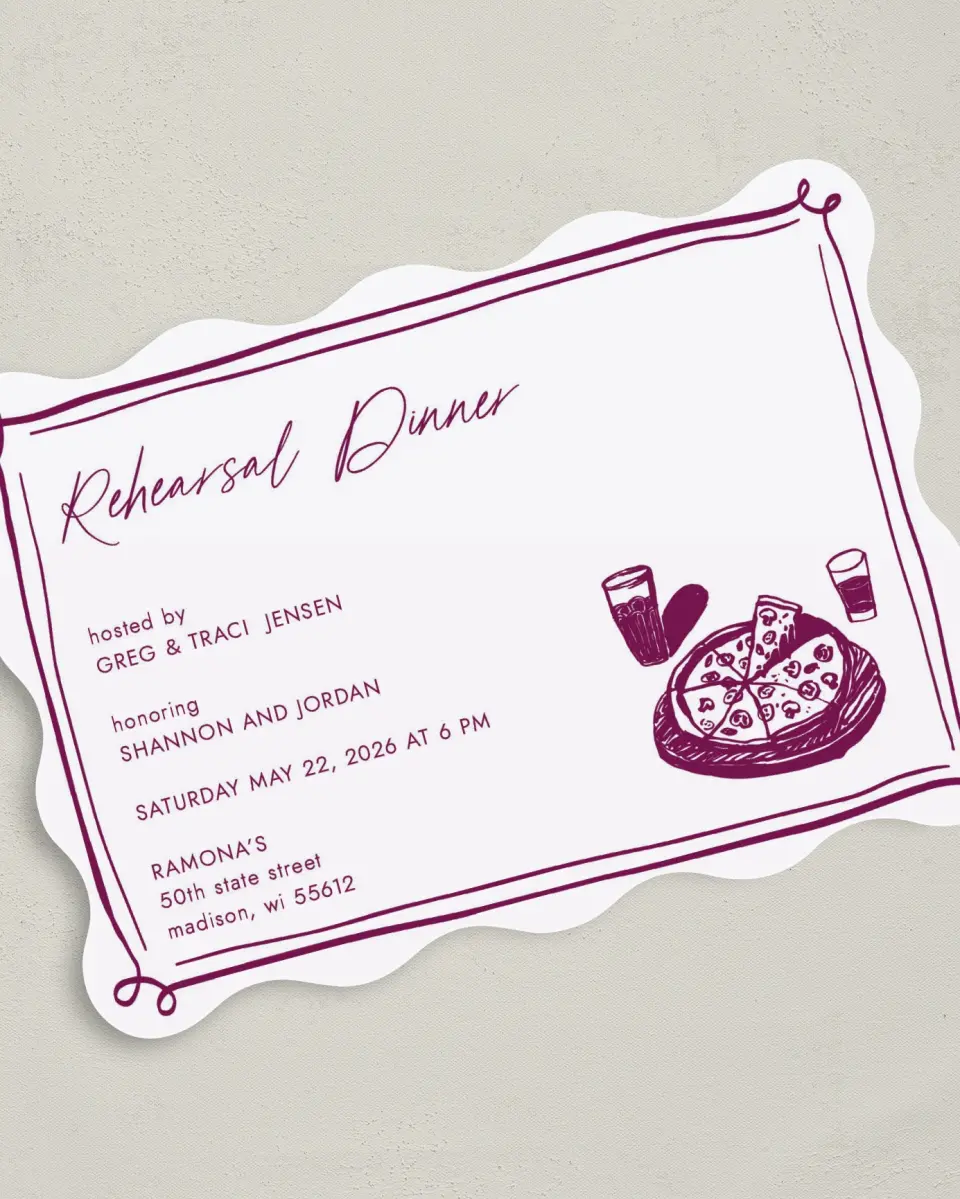 This is a 5" x 7" Rehearsal Dinner Invitation called That's Amore printed in full color on Premium Smooth paper