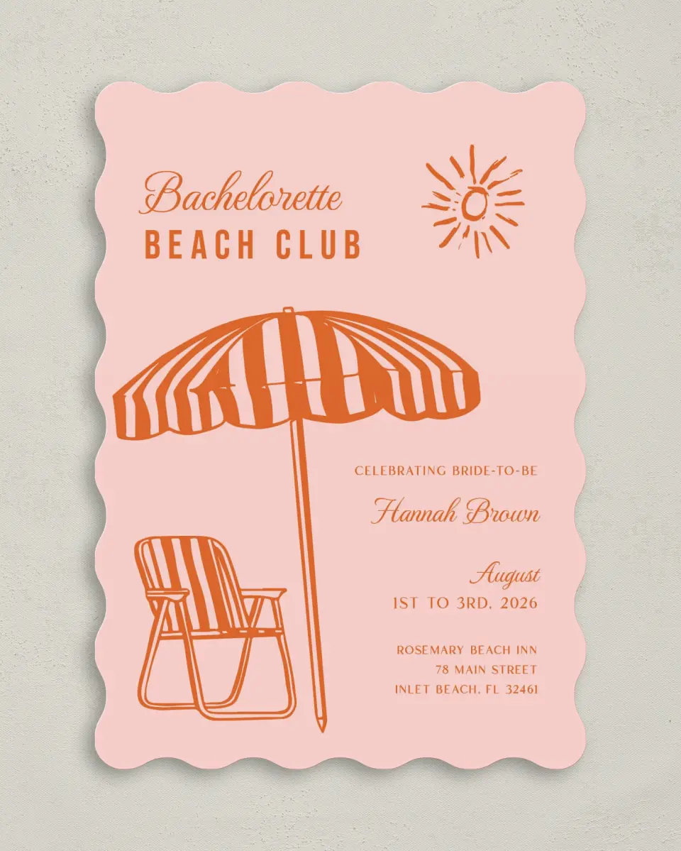 This is a 5" x 7" Bachelorette Party Invitation called Bach Beach Club printed in full color on Premium Smooth paper