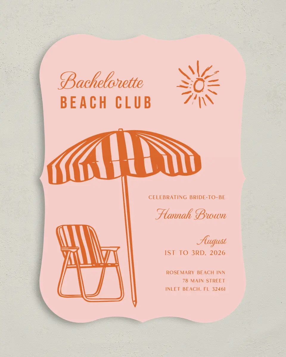 This is a 5" x 7" Bachelorette Party Invitation called Bach Beach Club printed in full color on Premium Smooth paper