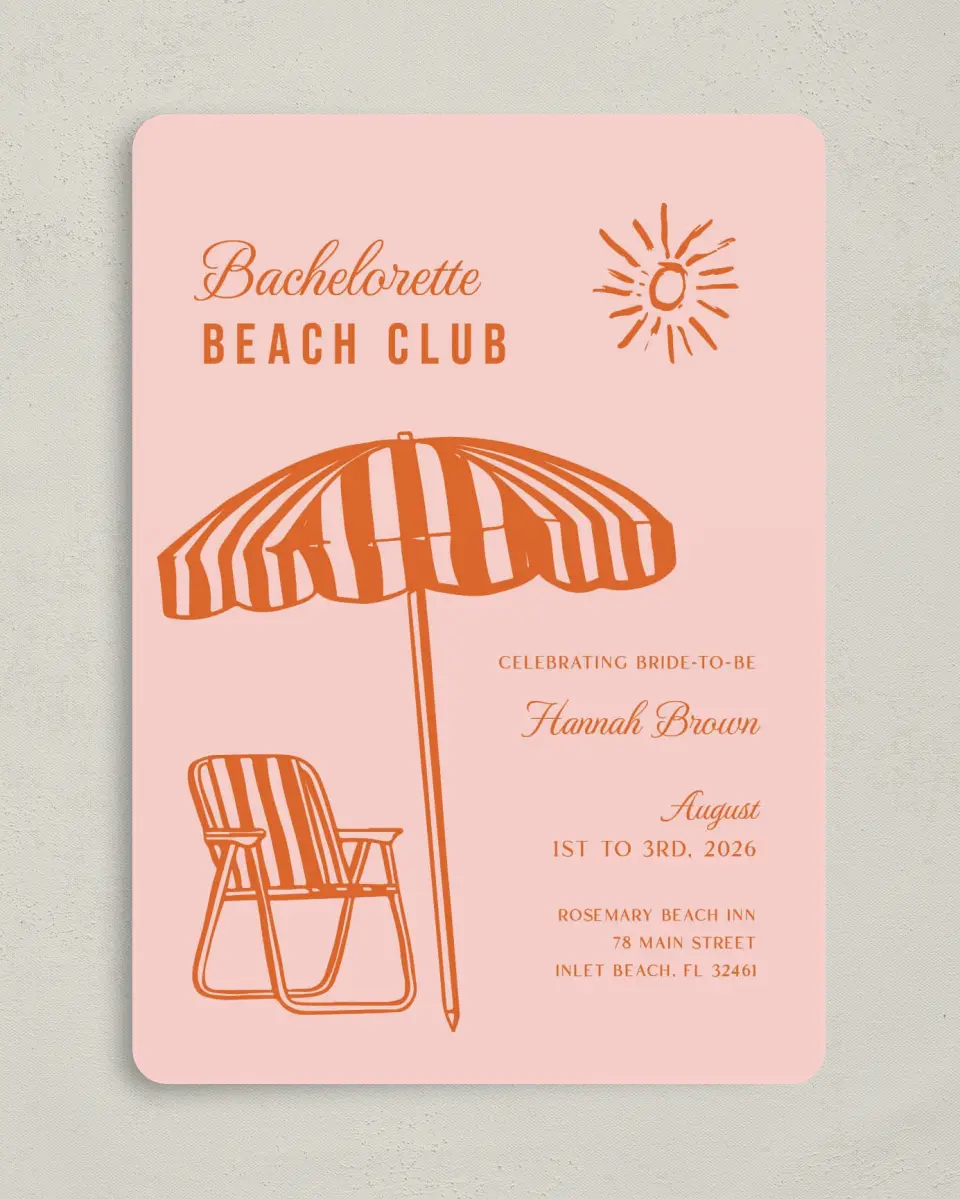 This is a 5" x 7" Bachelorette Party Invitation called Bach Beach Club printed in full color on Premium Smooth paper