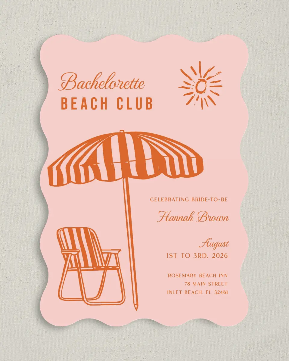 This is a 5" x 7" Bachelorette Party Invitation called Bach Beach Club printed in full color on Premium Smooth paper