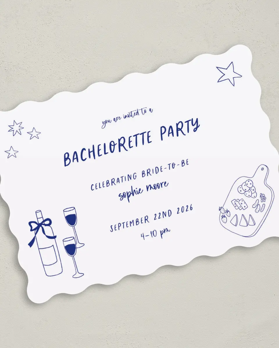 This is a 5" x 7" Bachelorette Party Invitation called Wine & Boards printed in full color on Premium Smooth paper