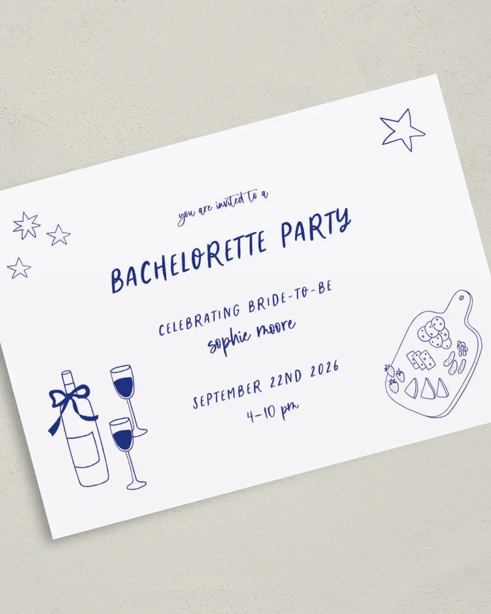 This is a 5" x 7" Bachelorette Party Invitation called Wine & Boards printed in full color on Premium Smooth paper