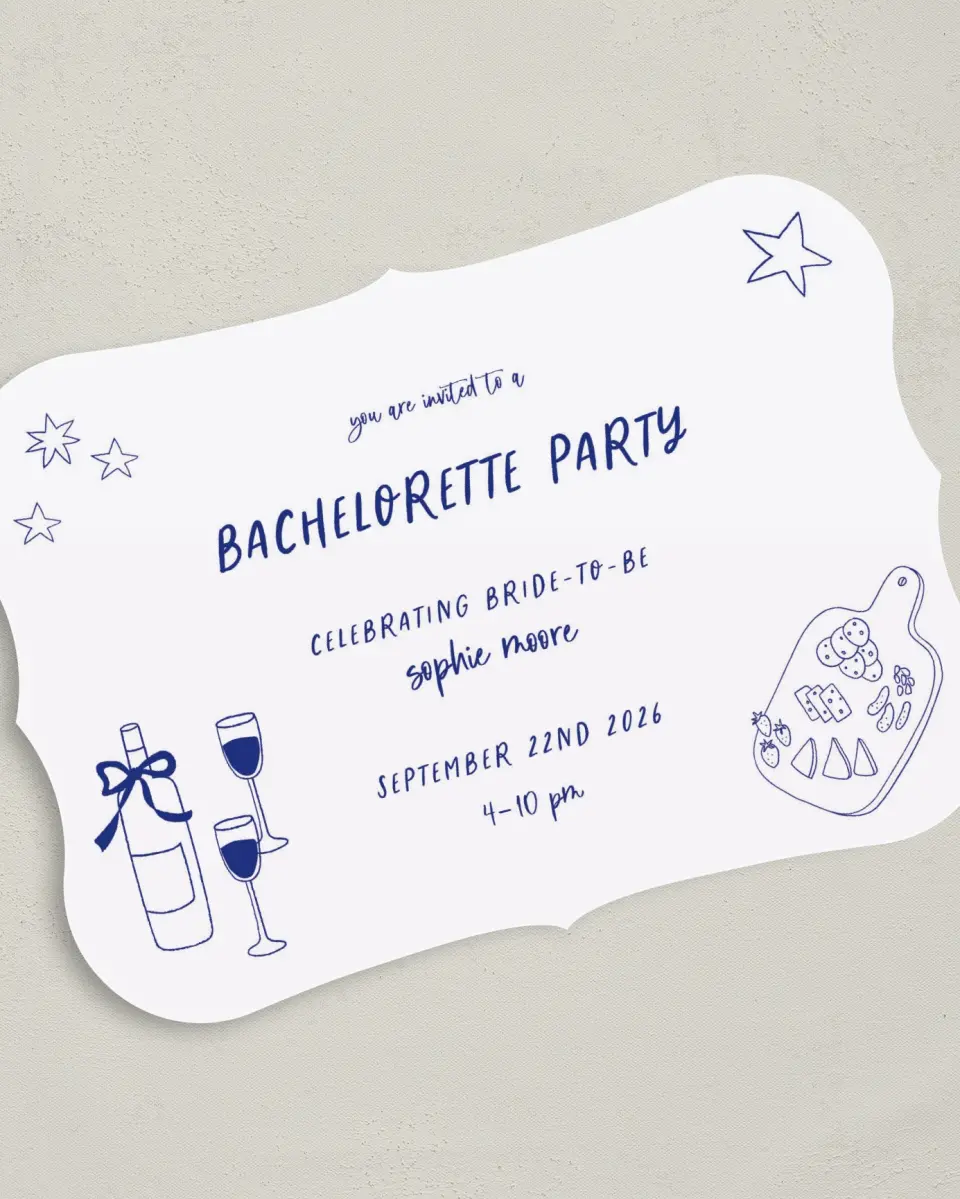 This is a 5" x 7" Bachelorette Party Invitation called Wine & Boards printed in full color on Premium Smooth paper