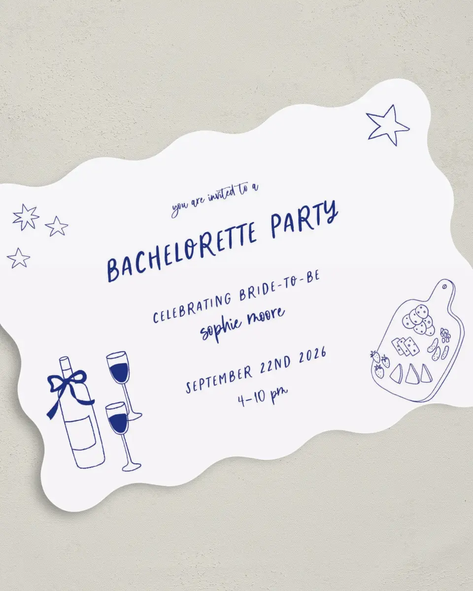 This is a 5" x 7" Bachelorette Party Invitation called Wine & Boards printed in full color on Premium Smooth paper