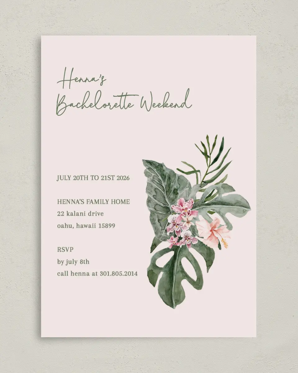 This is a 5" x 7" Bachelorette Party Invitation called Idyllic Island printed in full color on Premium Smooth paper