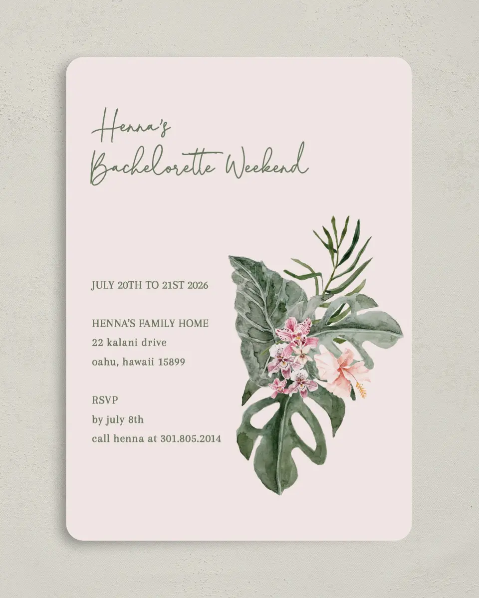 This is a 5" x 7" Bachelorette Party Invitation called Idyllic Island printed in full color on Premium Smooth paper