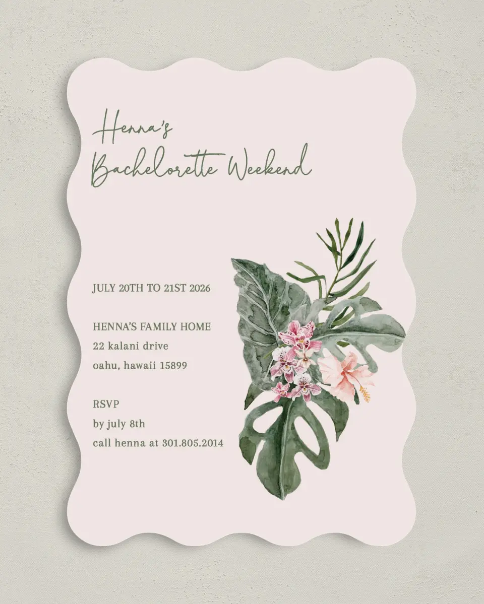 This is a 5" x 7" Bachelorette Party Invitation called Idyllic Island printed in full color on Premium Smooth paper