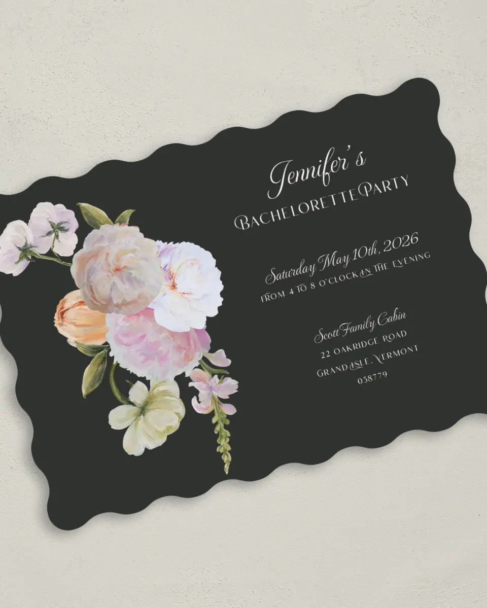 This is a 5" x 7" Bachelorette Party Invitation called Floral Feels printed in full color on Premium Smooth paper