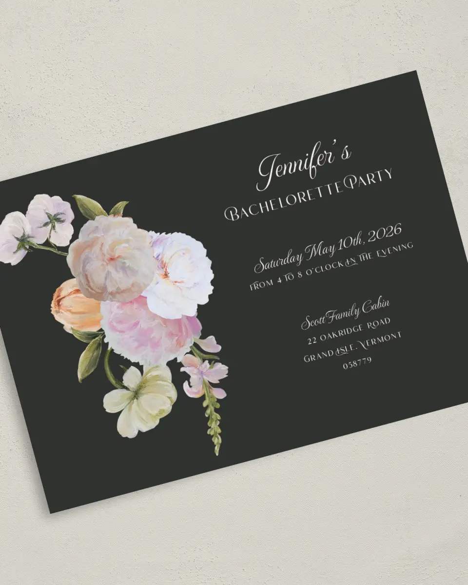This is a 5" x 7" Bachelorette Party Invitation called Floral Feels printed in full color on Premium Smooth paper
