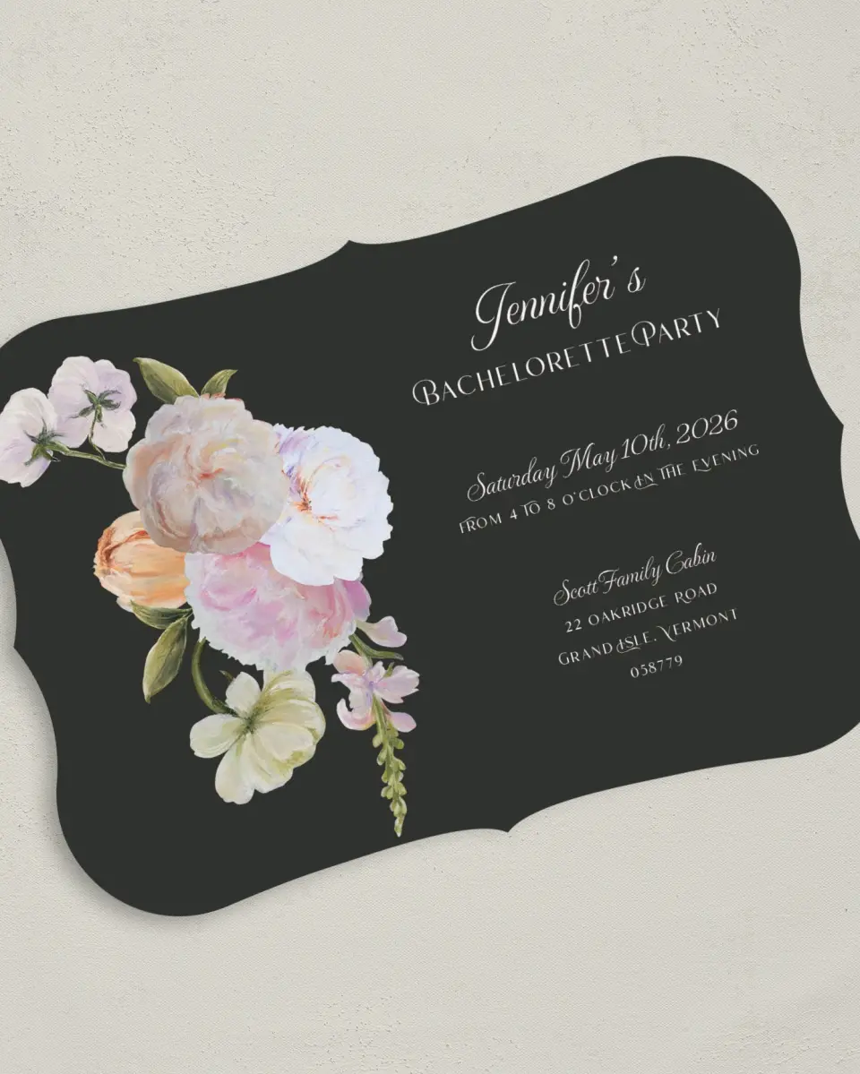 This is a 5" x 7" Bachelorette Party Invitation called Floral Feels printed in full color on Premium Smooth paper