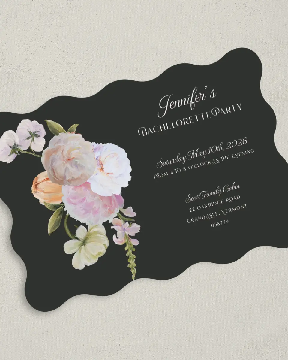 This is a 5" x 7" Bachelorette Party Invitation called Floral Feels printed in full color on Premium Smooth paper