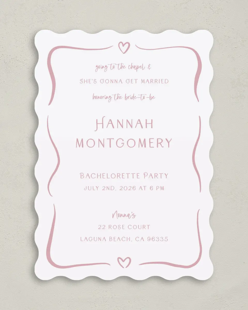 This is a 5" x 7" Bachelorette Party Invitation called Going to the Chapel printed in full color on Premium Smooth paper