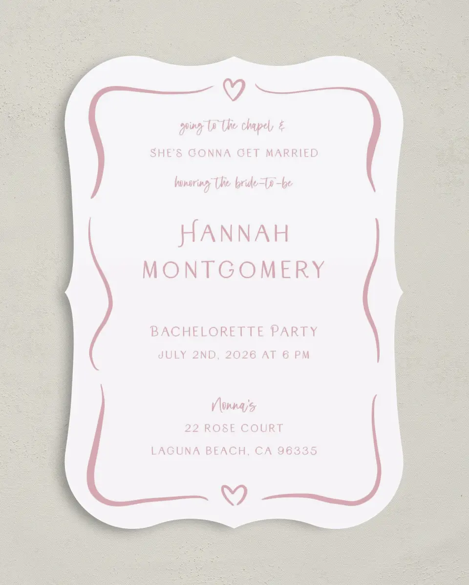This is a 5" x 7" Bachelorette Party Invitation called Going to the Chapel printed in full color on Premium Smooth paper