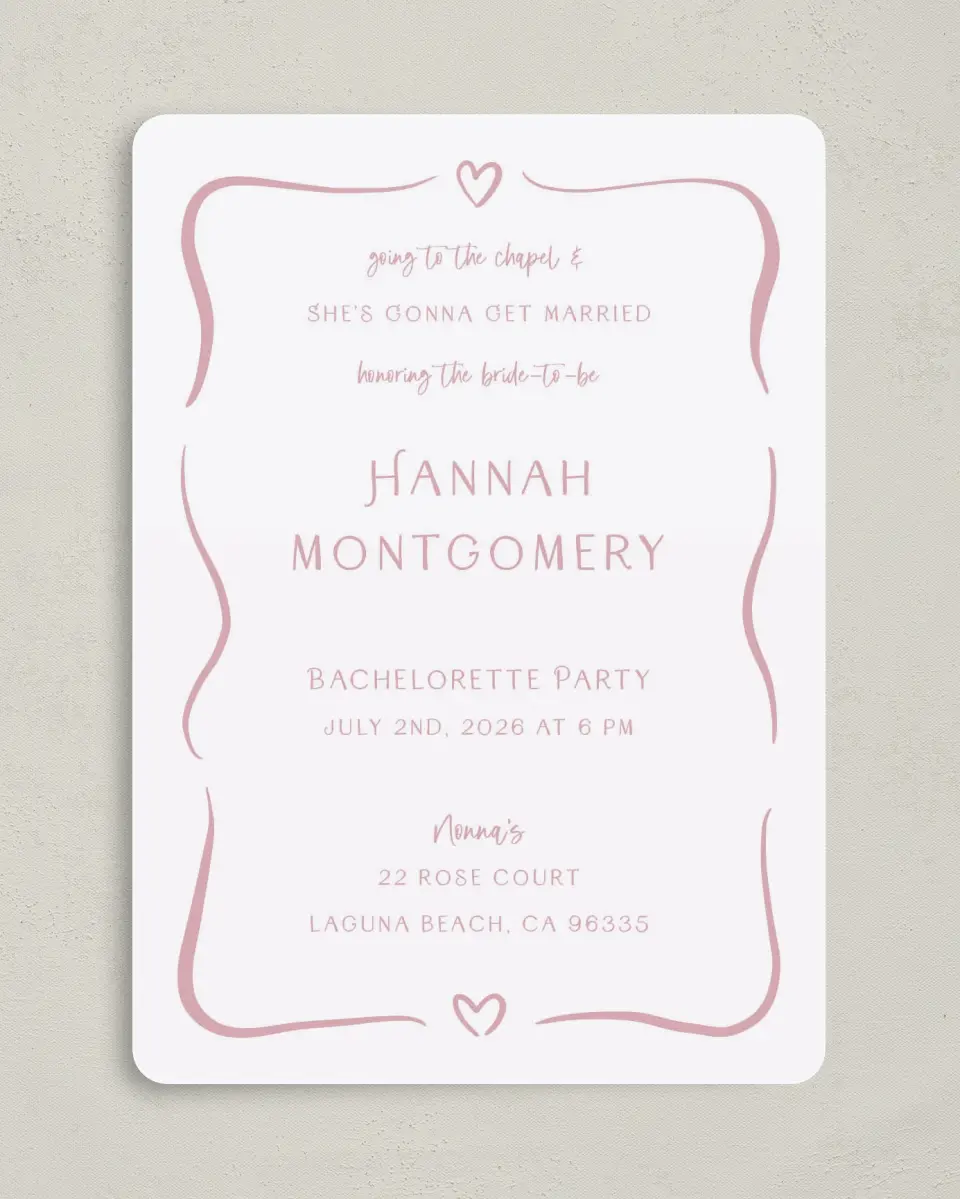 This is a 5" x 7" Bachelorette Party Invitation called Going to the Chapel printed in full color on Premium Smooth paper