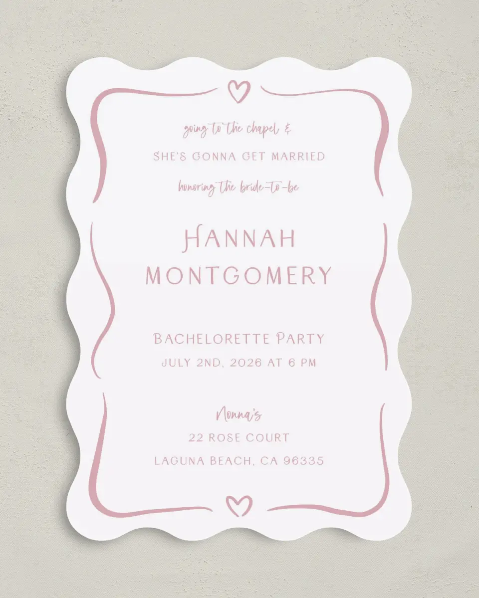 This is a 5" x 7" Bachelorette Party Invitation called Going to the Chapel printed in full color on Premium Smooth paper