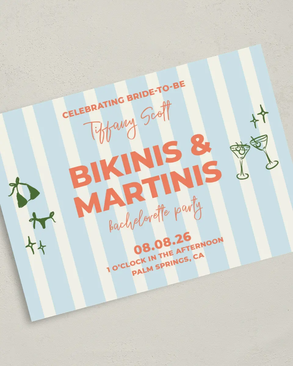 This is a 5" x 7" Bachelorette Party Invitation called Bikinis & Martinis printed in full color on Premium Smooth paper