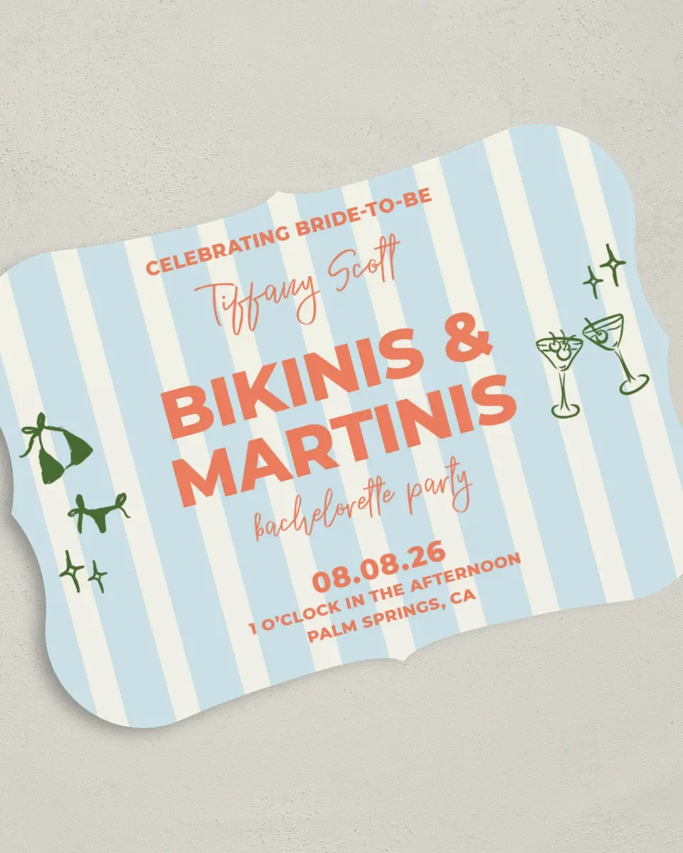 This is a 5" x 7" Bachelorette Party Invitation called Bikinis & Martinis printed in full color on Premium Smooth paper