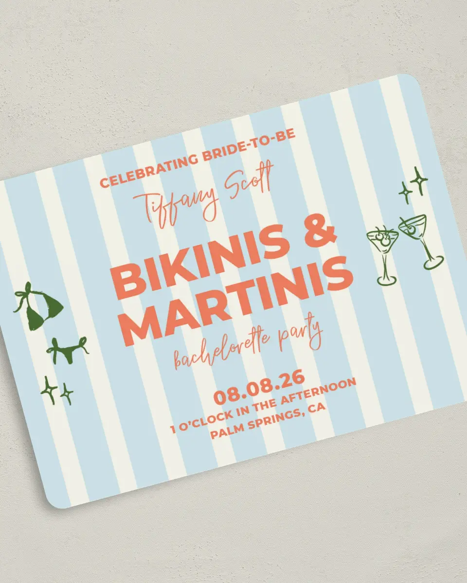 This is a 5" x 7" Bachelorette Party Invitation called Bikinis & Martinis printed in full color on Premium Smooth paper