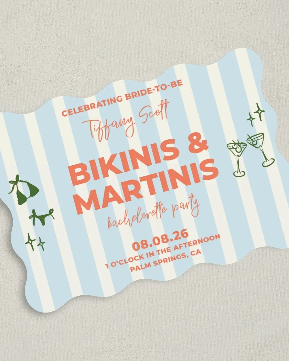 This is a 5" x 7" Bachelorette Party Invitation called Bikinis & Martinis printed in full color on Premium Smooth paper
