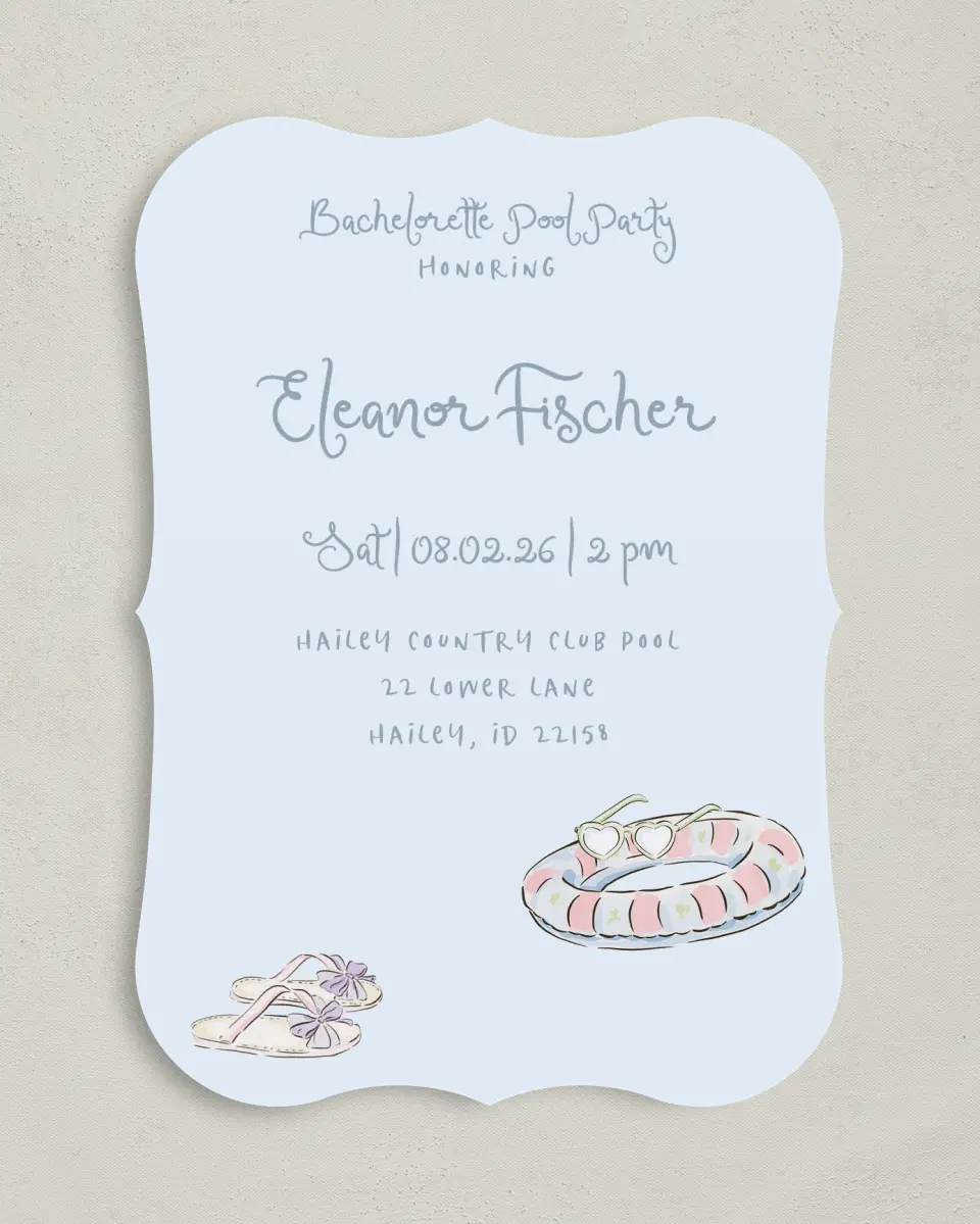 This is a 5" x 7" Bachelorette Party Invitation called Pool Bach printed in full color on Premium Smooth paper