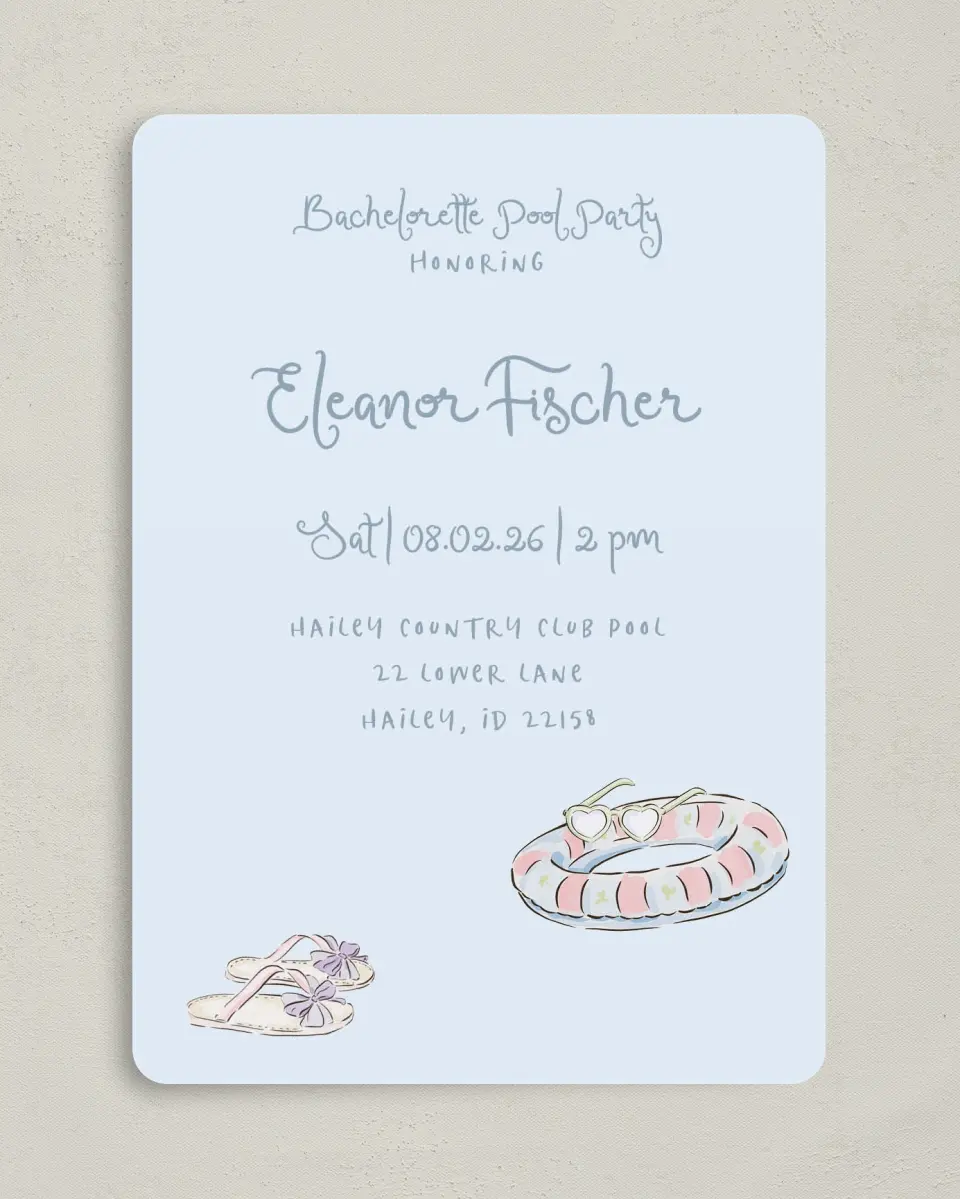 This is a 5" x 7" Bachelorette Party Invitation called Pool Bach printed in full color on Premium Smooth paper
