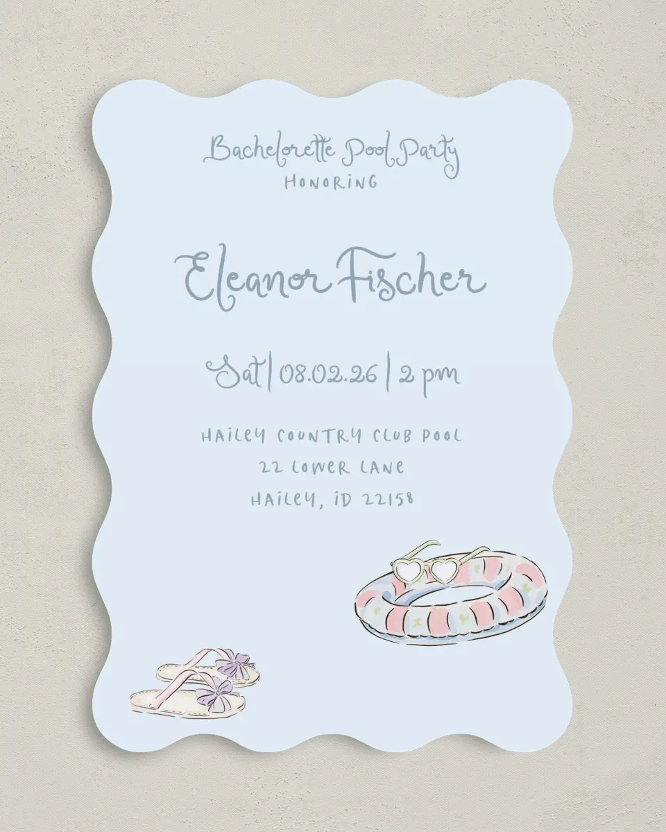 This is a 5" x 7" Bachelorette Party Invitation called Pool Bach printed in full color on Premium Smooth paper
