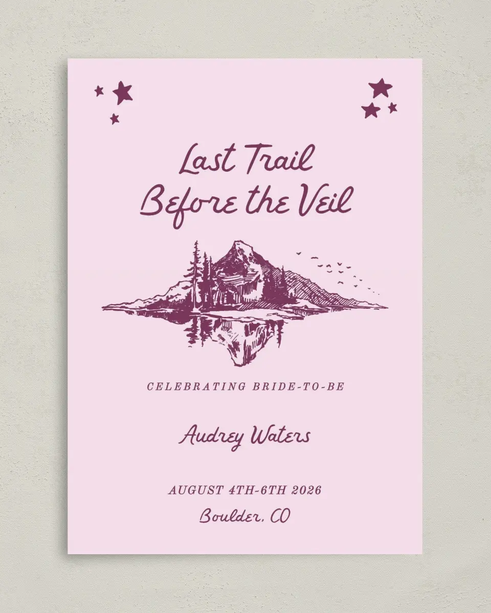 This is a 5" x 7" Bachelorette Party Invitation called Last Trail printed in full color on Premium Smooth paper
