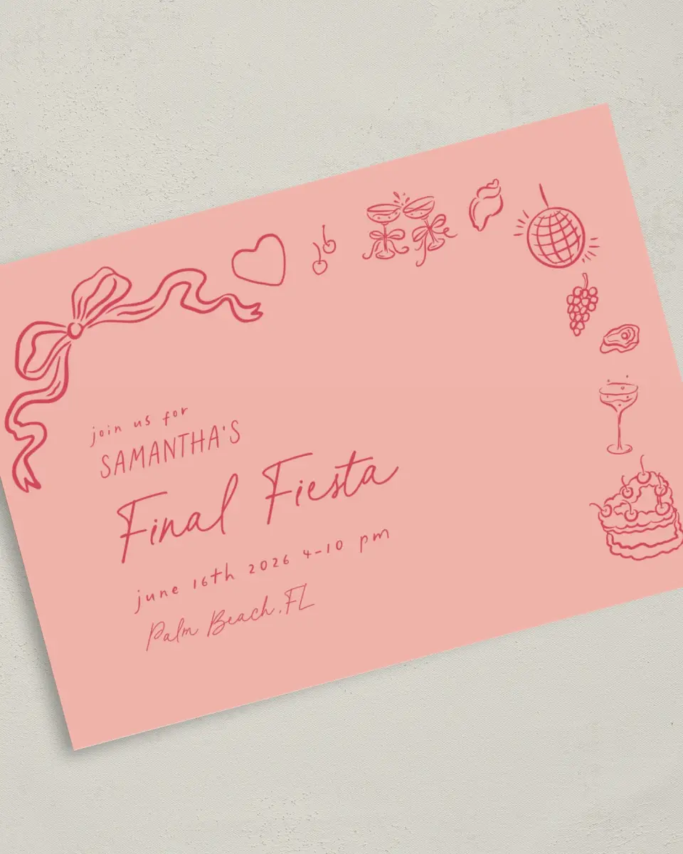 This is a 5" x 7" Bachelorette Party Invitation called Final Fiesta printed in full color on Premium Smooth paper