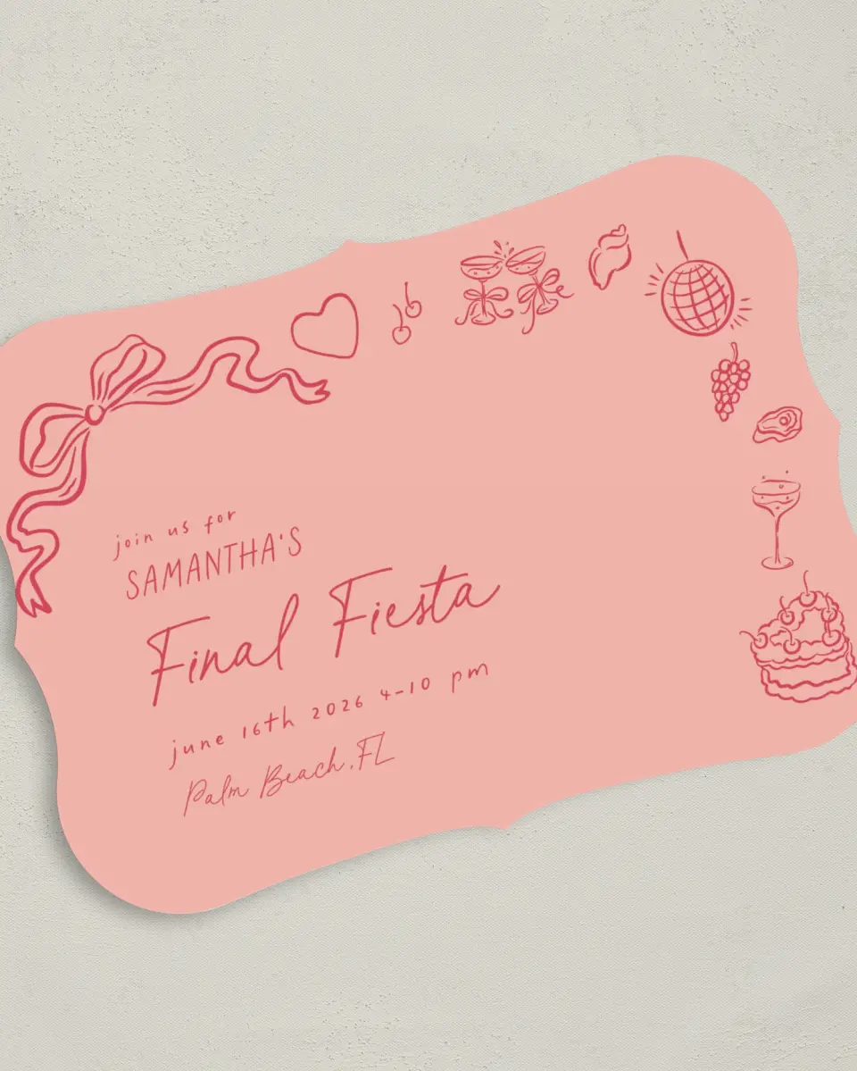 This is a 5" x 7" Bachelorette Party Invitation called Final Fiesta printed in full color on Premium Smooth paper