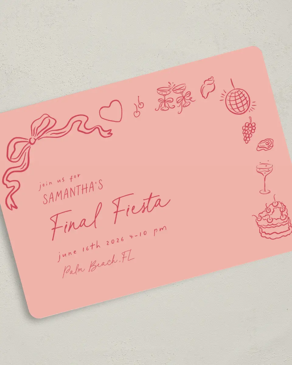 This is a 5" x 7" Bachelorette Party Invitation called Final Fiesta printed in full color on Premium Smooth paper