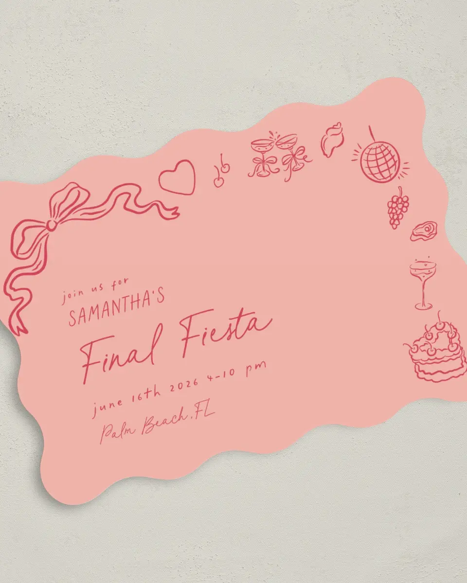 This is a 5" x 7" Bachelorette Party Invitation called Final Fiesta printed in full color on Premium Smooth paper