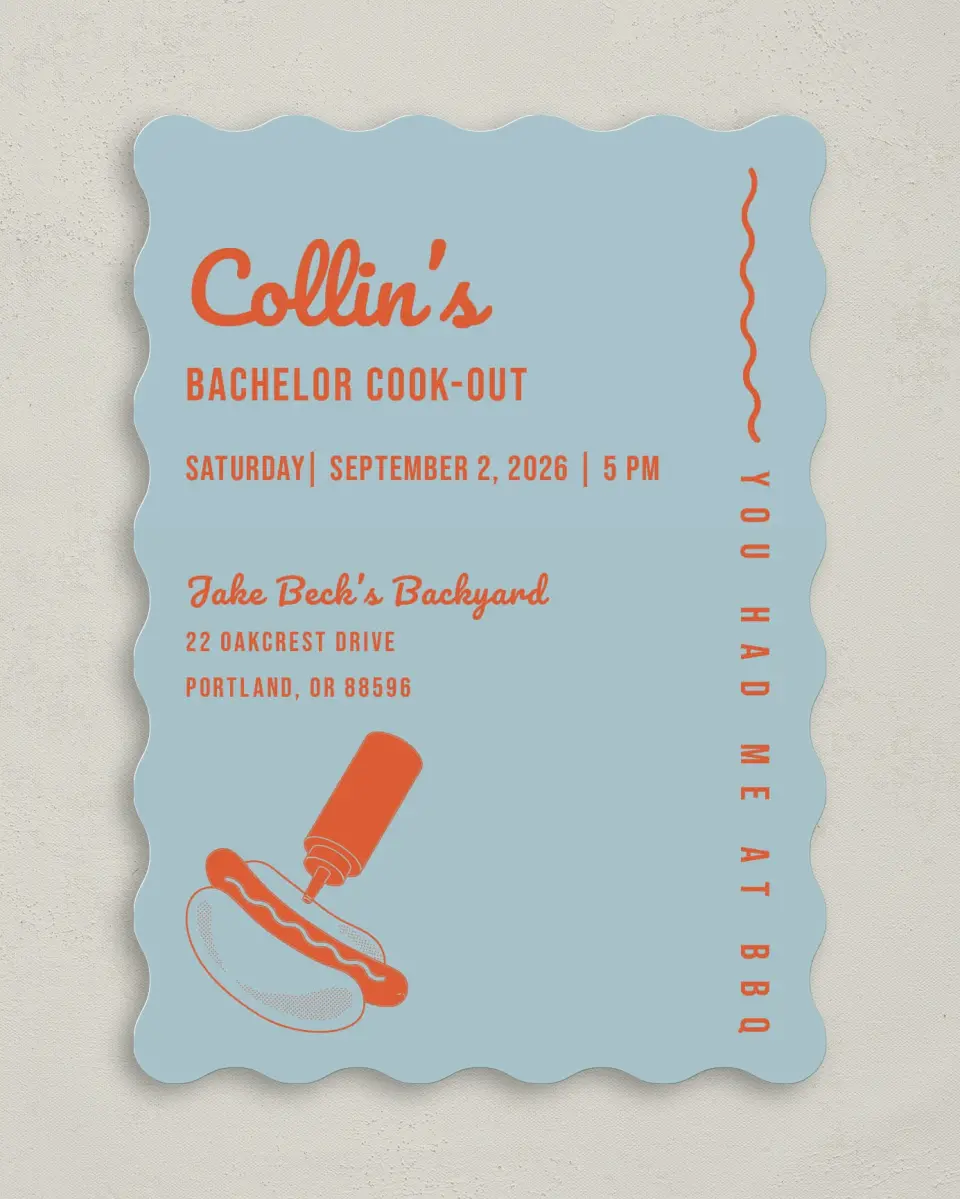 This is a 5" x 7" Bachelor Party Invitation called Grill Guys printed in full color on Premium Smooth paper