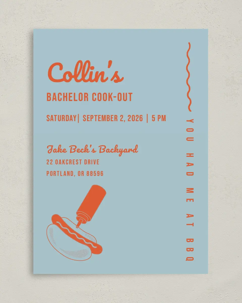 This is a 5" x 7" Bachelor Party Invitation called Grill Guys printed in full color with Silver foil on Luxe Satin (coated) paper