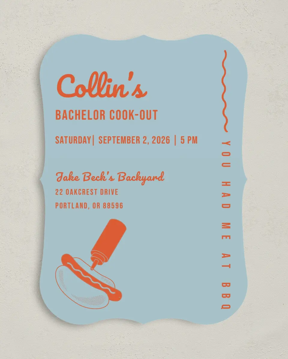 This is a 5" x 7" Bachelor Party Invitation called Grill Guys printed in full color on Premium Smooth paper