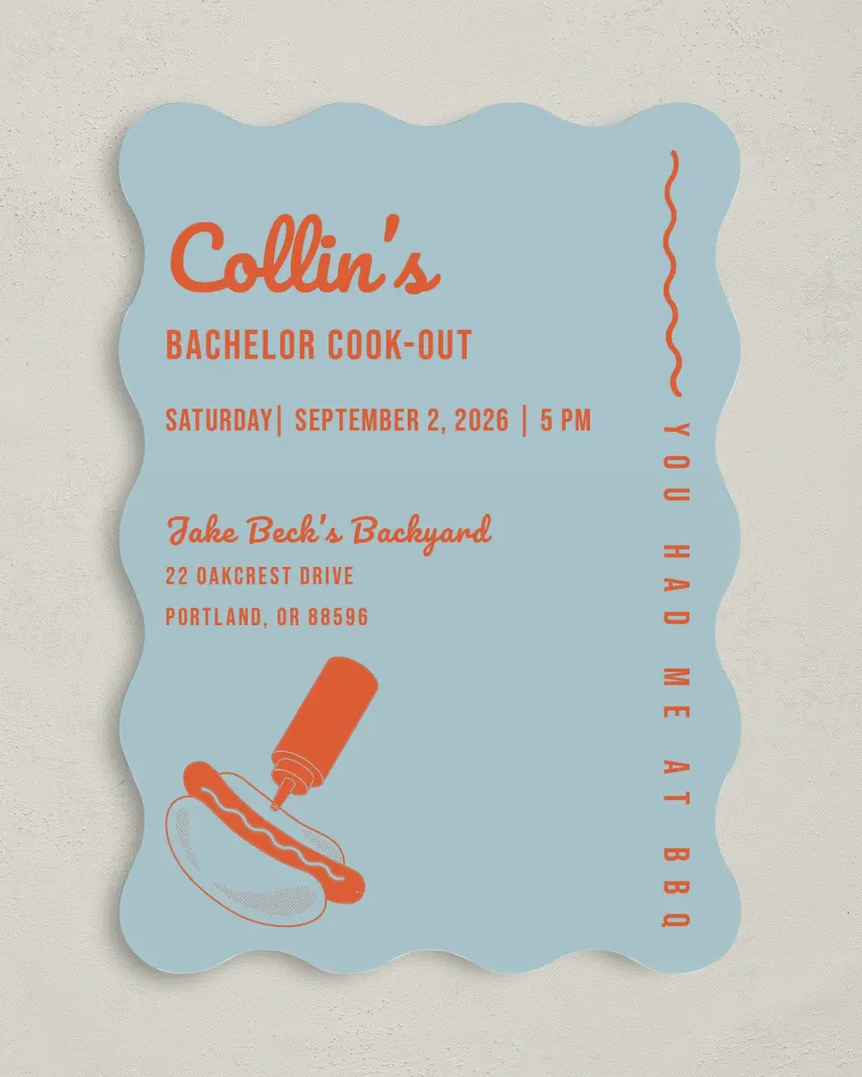This is a 5" x 7" Bachelor Party Invitation called Grill Guys printed in full color on Premium Smooth paper