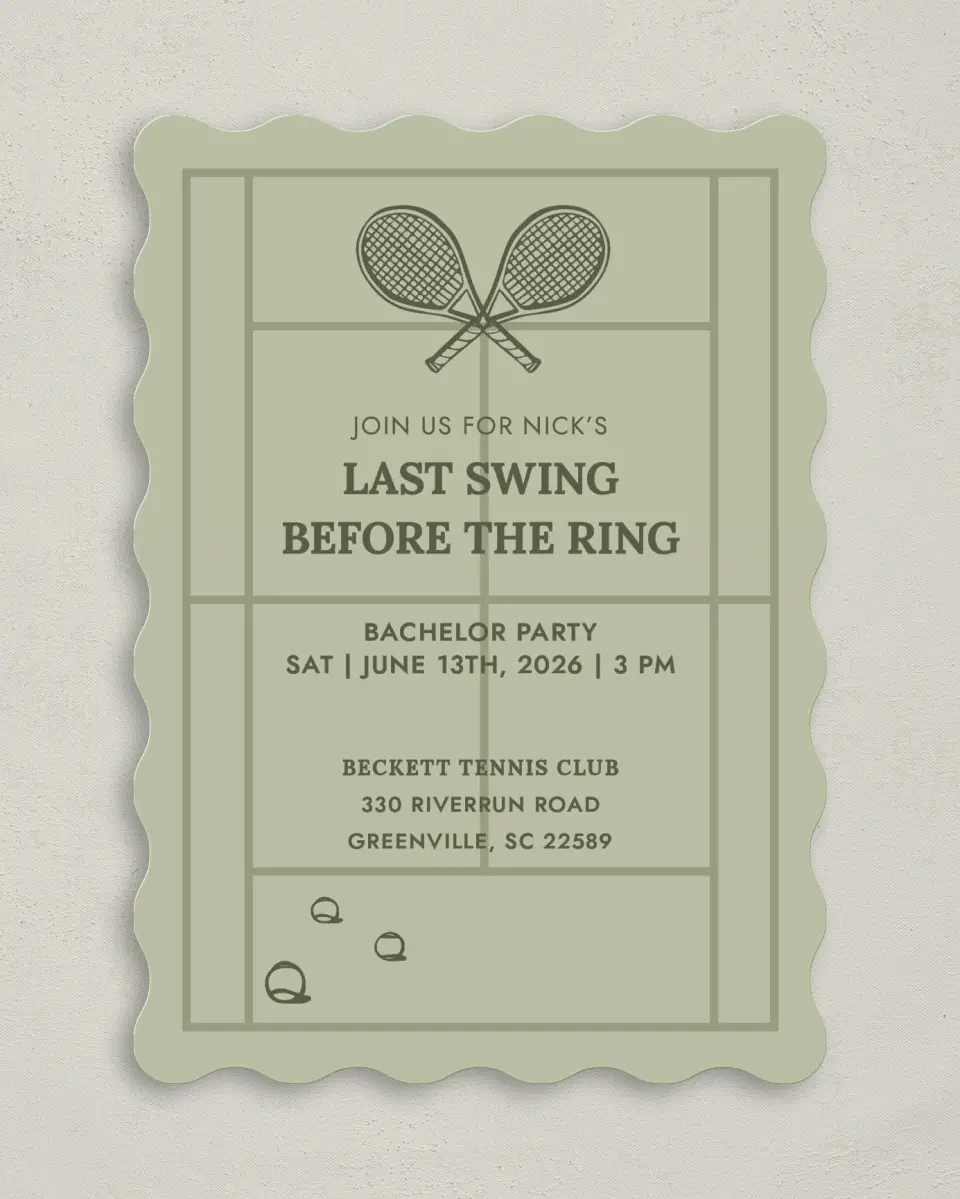 This is a 5" x 7" Bachelorette Party Invitation called Final Swing printed in full color on Premium Smooth paper