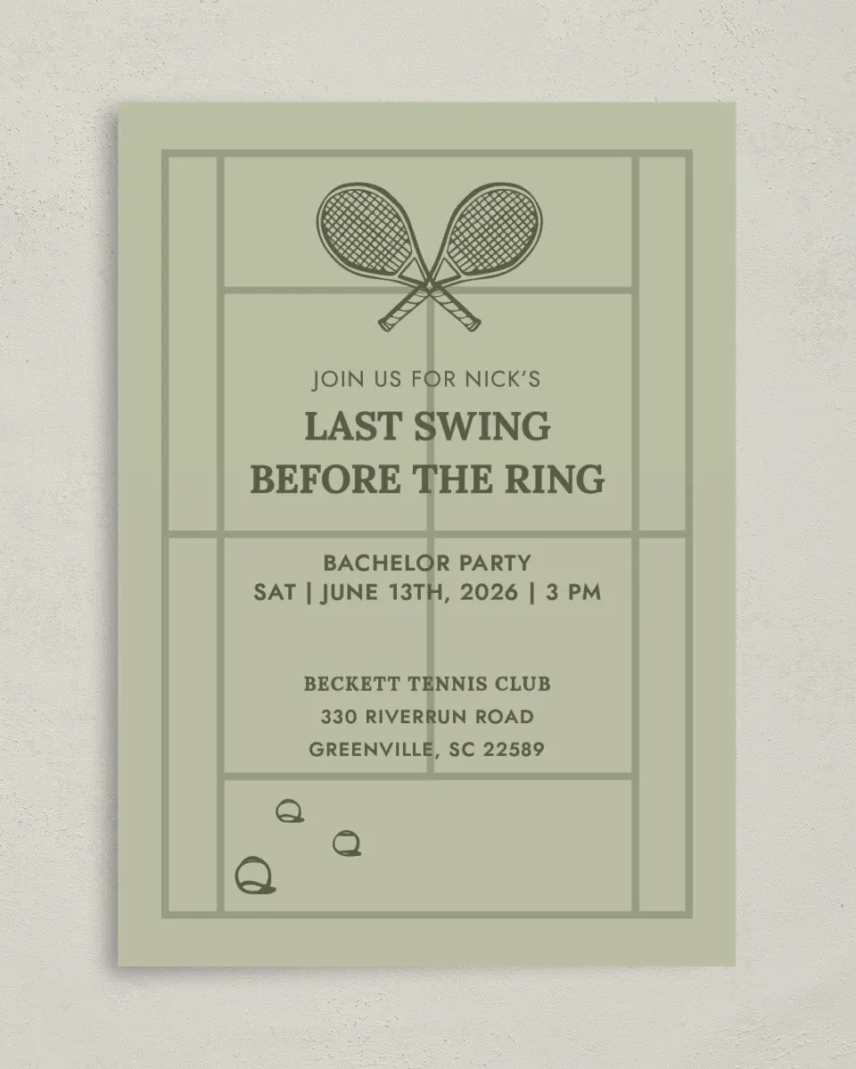 This is a 5" x 7" Bachelorette Party Invitation called Final Swing printed in full color on Premium Smooth paper