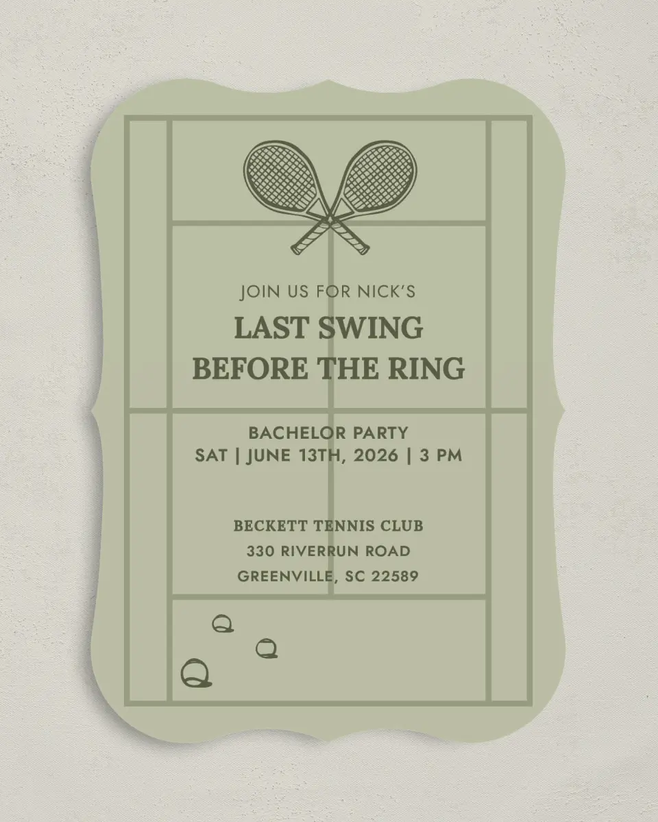 This is a 5" x 7" Bachelorette Party Invitation called Final Swing printed in full color on Premium Smooth paper
