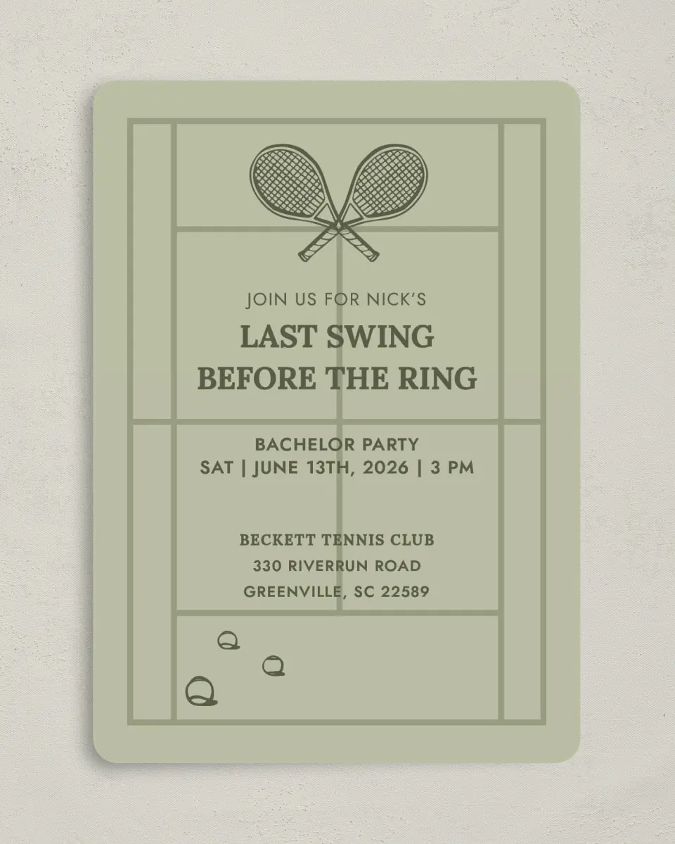 This is a 5" x 7" Bachelorette Party Invitation called Final Swing printed in full color on Premium Smooth paper
