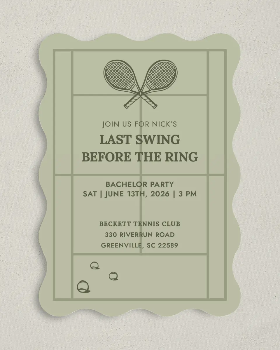 This is a 5" x 7" Bachelorette Party Invitation called Final Swing printed in full color on Premium Smooth paper
